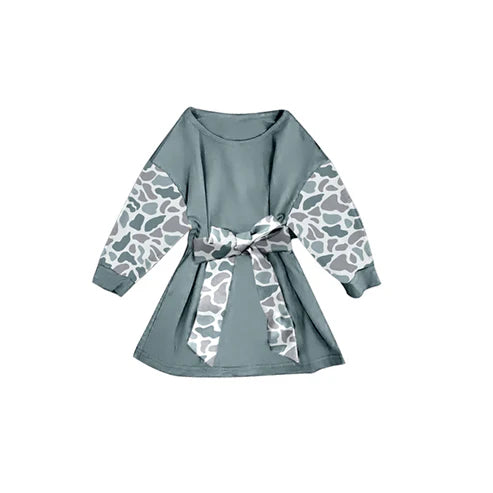 9.19 GLD1299 Baby Girls Grey Camo Long Sleeve Belt Western Knee Length Dresses Preorder