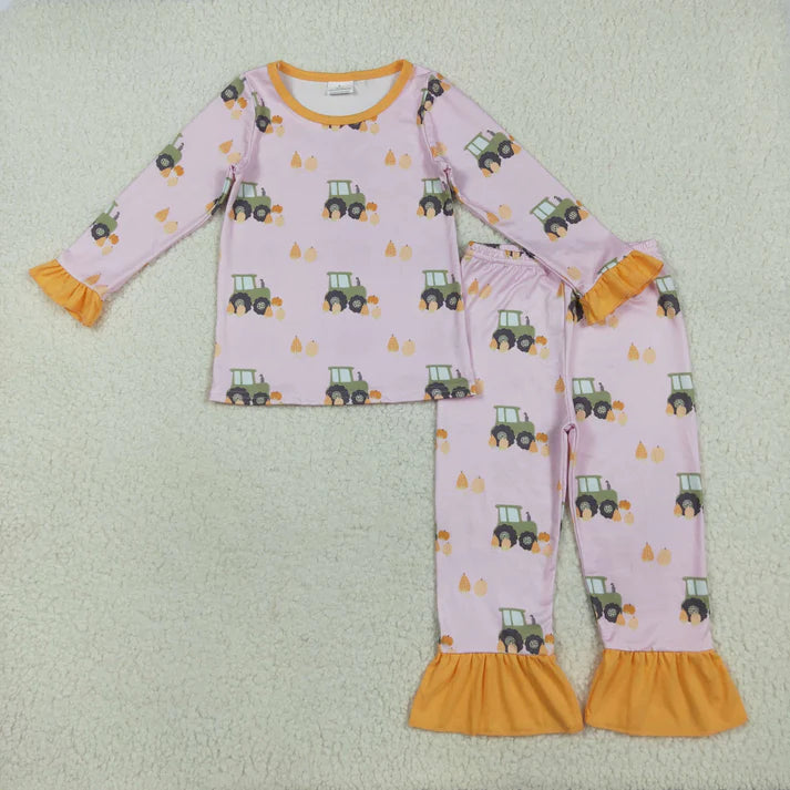 8.15 GLP2506 Baby Girls Pink Long Ruffle Sleeves Pumpkins Trucks Top Pant Pajamas Set
