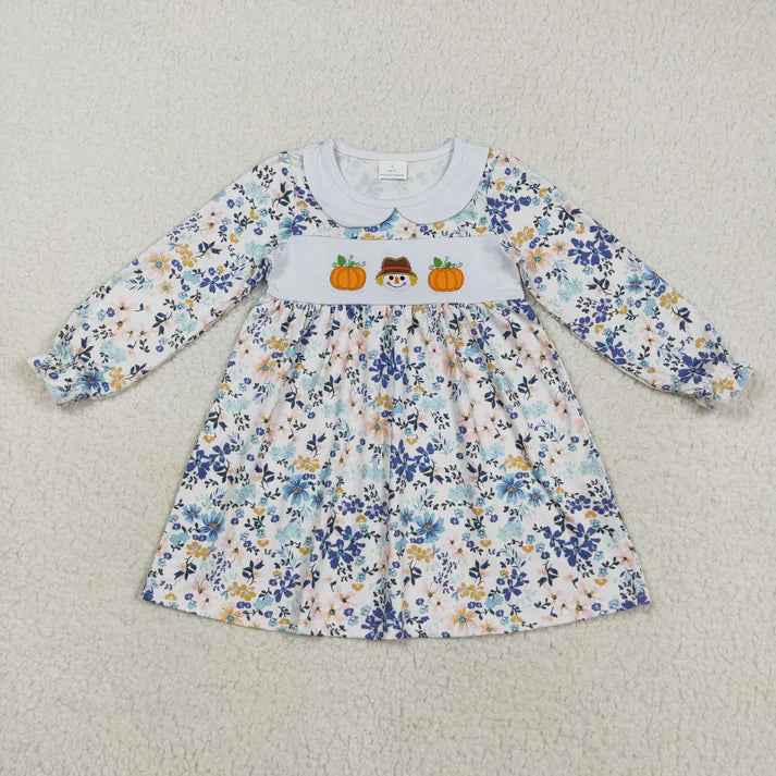 8.21 GLD1071 Embroidery Floral Pumpkins Baby Girls Long Ruffle Sleeves Fall Knee Length Dress