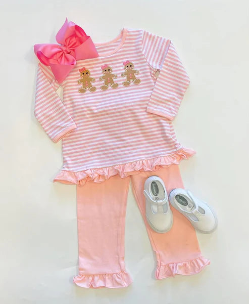 5.26 GLP1965 Baby Girls Christmas Stripes Gingerbread Tunic Ruffle Pants Clothes Sets Preorder