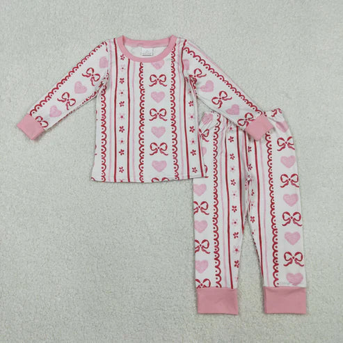 11.8 GLP2984 Baby Girls Pink Bows Hearts Stripe Top Pant Valentine Pajamas Set