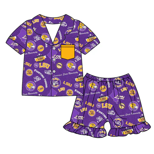6.23 Custom Moq 3 Baby Girls Short Sleeves Purple LSU Button Pocket Top Ruffle Shorts Team Pajamas Set