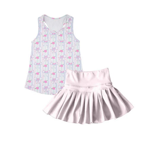 4.19 GSD2457 Baby Girls Lavender Sleeveless Flowers Bows Top Yoga Skirt Set Preorder