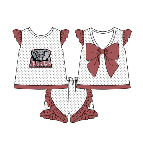 6.21 Custom Moq 3 Baby Girls Red Flutter Sleeves Polka Dots Alabama Top Ruffle Shorts Team Set
