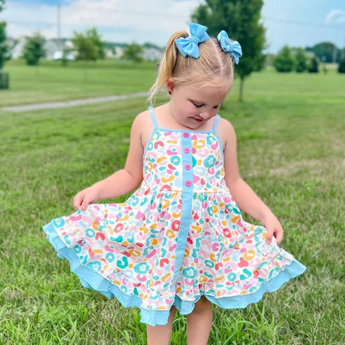 4.18 GSD2452 Baby Girls Blue Strap Colorful Leopard Button Knee Length Dresses Preorder
