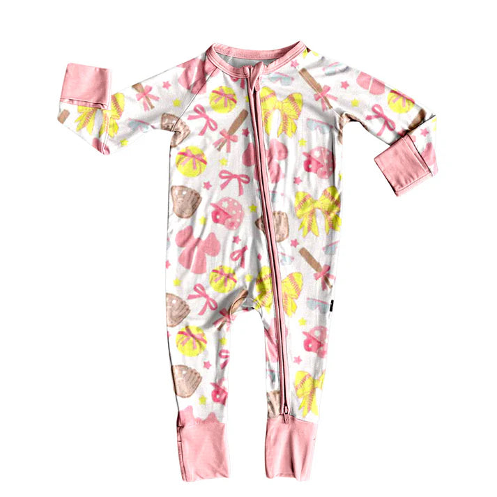 9.27 LR2705 Baby Girls Pink Yellow Bows Baseballs Team Zipper Footie Rompers Preorder