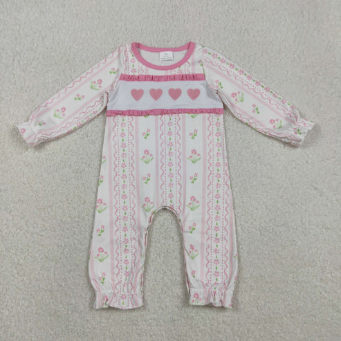 12.3 LR2714 Embroidery Baby Girls Hearts Flowers Stripe Valentine Ruffle Footie Romper