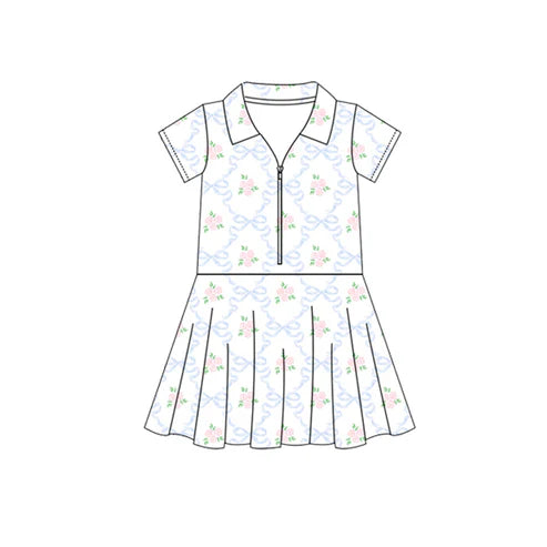 4.16 GSD2412 Baby Girls Short Sleeves Blue Bows Flowers Zipper Knee Length Dresses Preorder