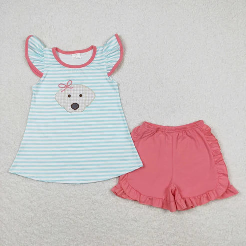 5.21 Sibling Baby Girls Stripes Bows Dog Tunic Top Ruffle Shorts Clothes Sets