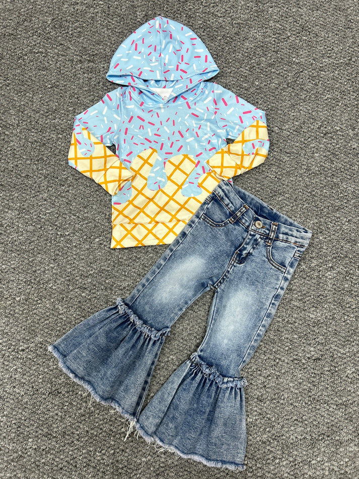 8.15 BT1270+P0676 Baby Girls Light Blue Drip Hoodie Top Denim Bell Bottom Pants Team Set
