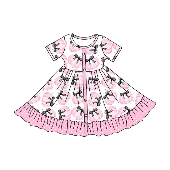 6.18 GSD2542 Baby Girls Short Sleeves Bows Pumpkins Button Knee Length Dress Preorder