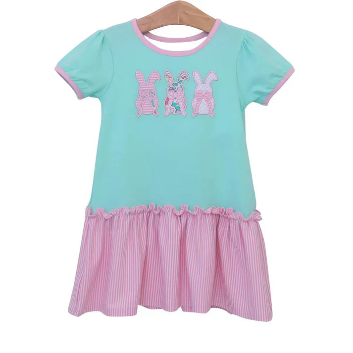 9.27 GSD2827 Baby Girls Aqua Easter Rabbits Knee Length Dresses Preorder