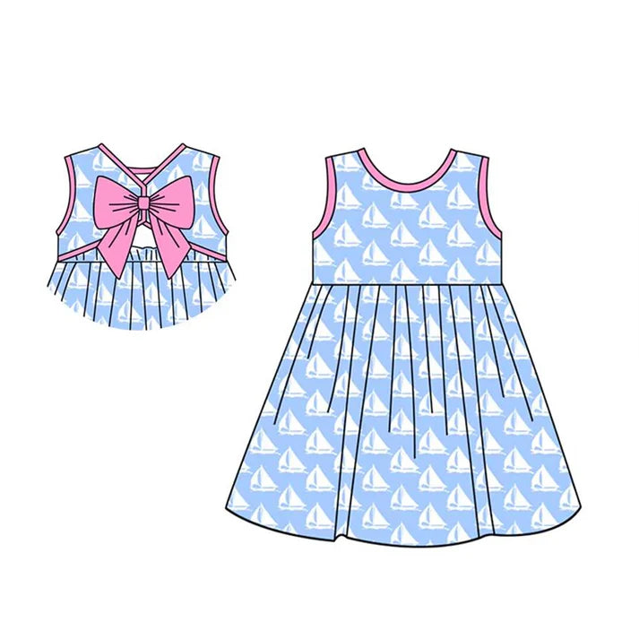 3.23 GSD2232 Baby Girls Blue Sleeveless Boats Backless Bow Knee Length Dresses Preorder