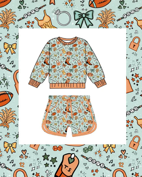 10.30 GLS0049 Baby Girls Boots Footballs Long Sleeve Top Pockets Shorts Team Clothes Sets Preorder