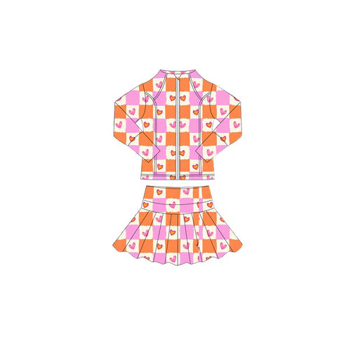 10.27 GLD1388 Baby Girls Pink Orange Hearts Checked Zipper Jacket Skorts Valentine Yoga Clothes Sets Preorder