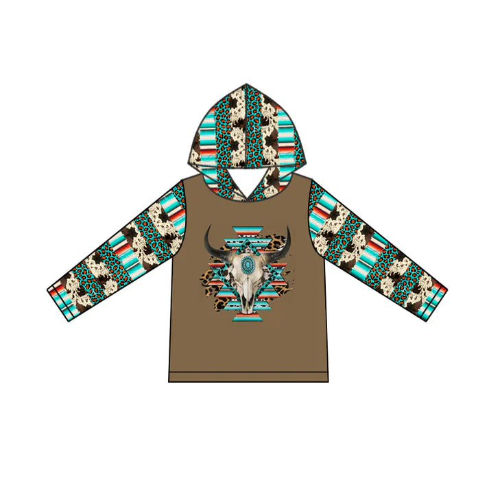 6.11 GT0778 Baby Boys Western Aztec Cow Long Sleeve Hooded Tops Preorder