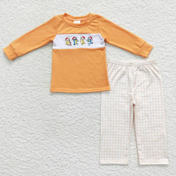 L-3.2 BLP0282 Cartoon Embroidery Orange Long Sleeve Plaid