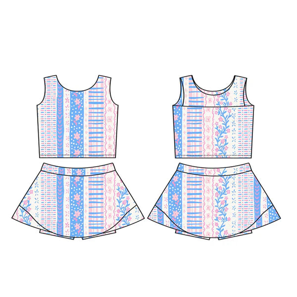 L-3.5 GSD1995 Baby Girls Blue Pink Flowers Athletic Active Wear Top Shorts Skirts Clothes Sets Preorder