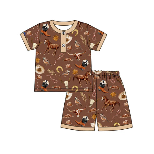 4.23 BSSO1503 Baby Boys Brown Short Sleeves Button Hats Horse Top Short Pajamas Set Preorder