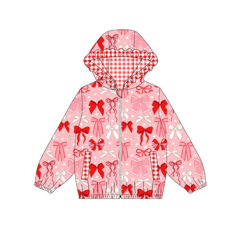 10.10 Custom Moq 5 Baby Girls Pink Bows Stars Pockets Zipper Valentine Ruffle Hoodies Top