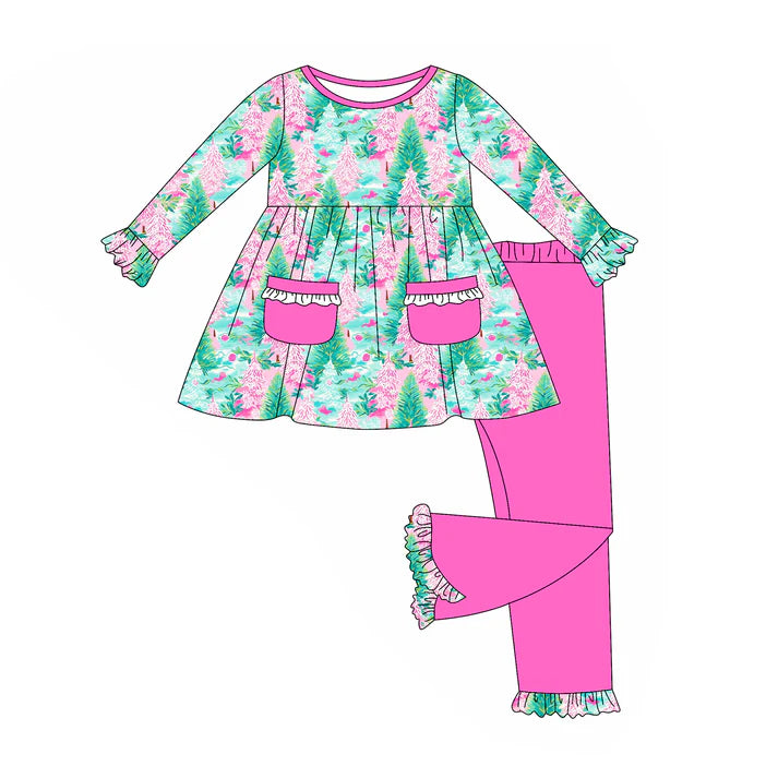 6.14 GLP2388 Baby Girls Long Sleeves Floral Trees Pockets Tunic Pink Ruffle Pant Clothes Set Preorder