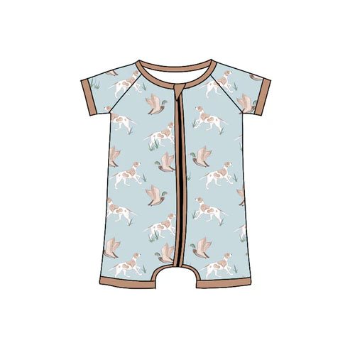 3.21 SR2936 Baby Infant Boys Blue Short Sleeves Dogs Ducks Zipper Rompers Preorder