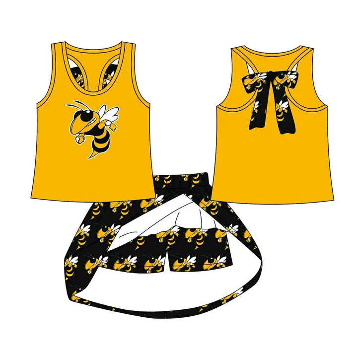 8.19 Custom Moq 5 Baby Girls Mustard Honey Bee vest team Top Skirt Skort Sets