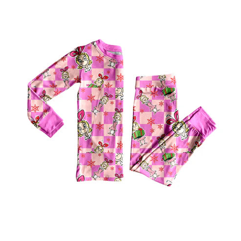 8.29 GLP2758 Baby Girls Pink Checked Cartoon Miss Top Pant Christmas Pajamas Set Preorder