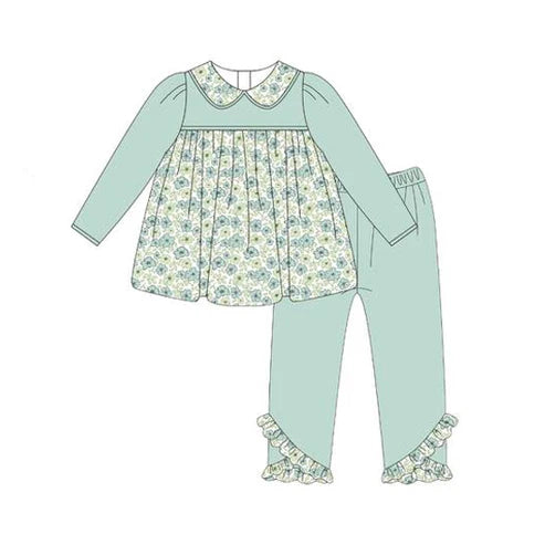 6.7 GLP2407 Baby Girls Aqua Long Sleeves Floral Tunic Ruffle Pant Set Preorder