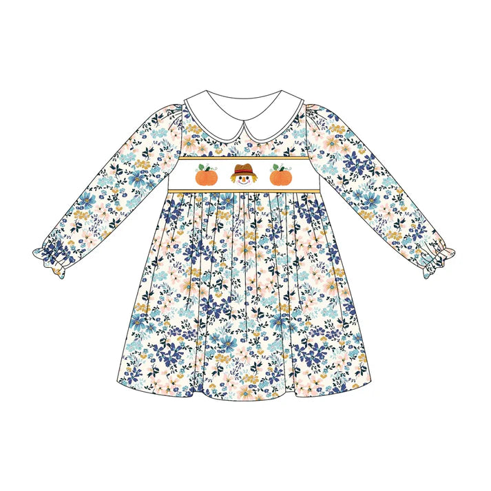 6.14 GLD1071 Baby Girls Long Ruffle Sleeves Floral Pumpkins Knee Length Dress Preorder