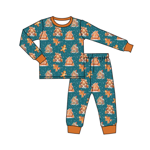 5.28 BLP0952 Baby Boys Christmas Gingerbread Top Pants Pajamas Clothes Sets Preorder