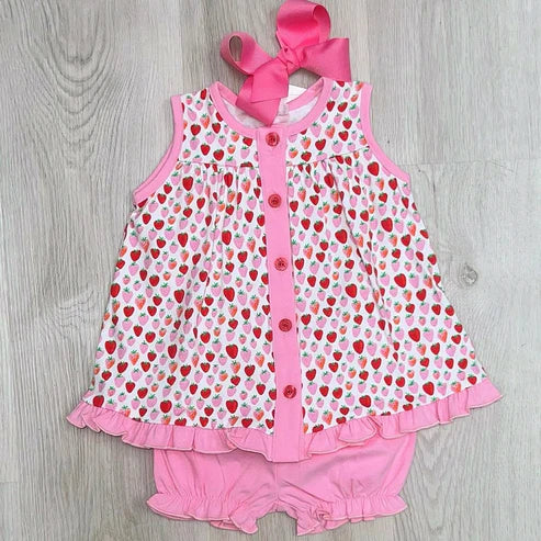 6.7 GSSO2656 Baby Girls Pink Sleeveless Strawberry Button Tunic Ruffle Short Set Preorder