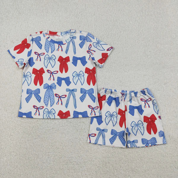 12.13 GSSO2772 Baby Girls Blue Red Bows Top Shorts 4th of July Pajamas Clothes Set