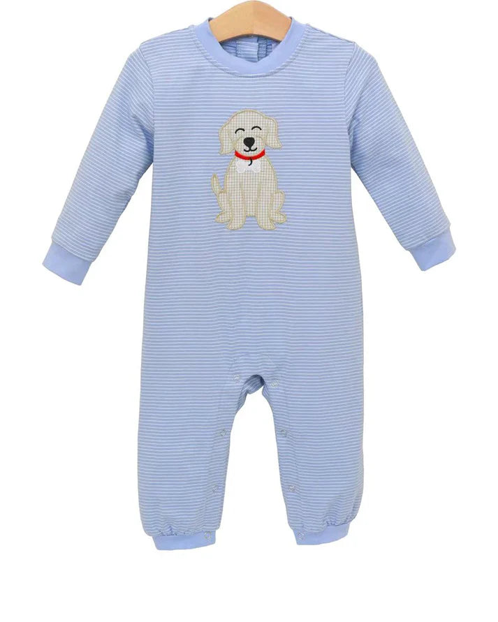 8.23 LR2579 Baby Boys Blue Stripe Dogs Footie Rompers Preorder