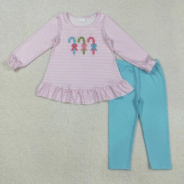 8.26 GLP2468 Embroidery Baby Girls Pink Stripe Long Ruffle Sleeves Candy Cane Tunic Blue Legging Pant Set