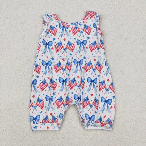 3.29 SR2681 Baby Infant Girls 4th Of July Bows Flags Sleeveless Romper