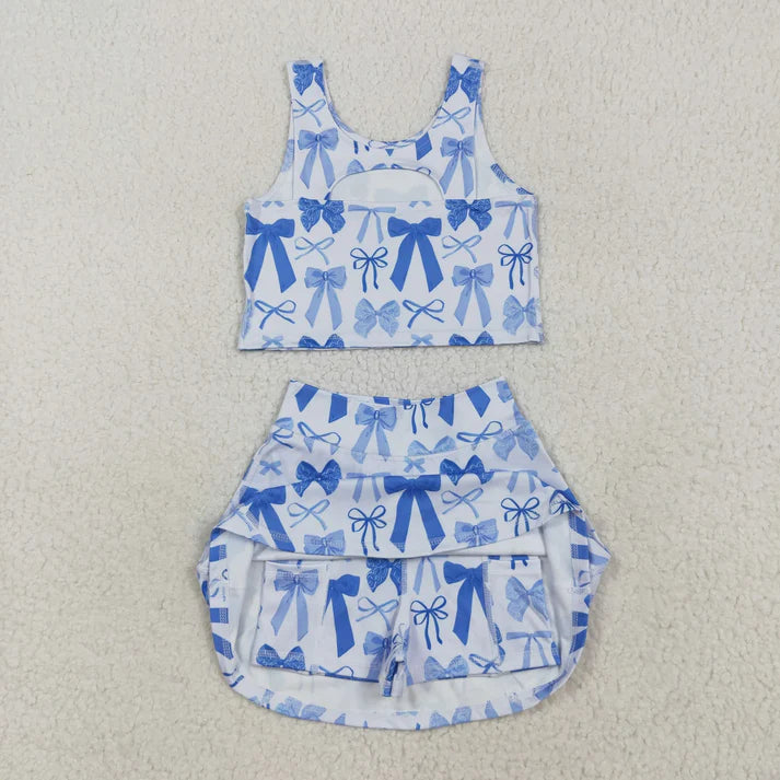 9.4 Sibling Baby Girls Sleeveless Blue Pink Bows Vest Top Yoga Athletic Skorts Sets