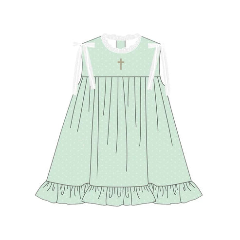 10.21 GSD2860 Baby Girls Green Polka Dots Cross Easter Ruffle Knee Length Dresses Preorder