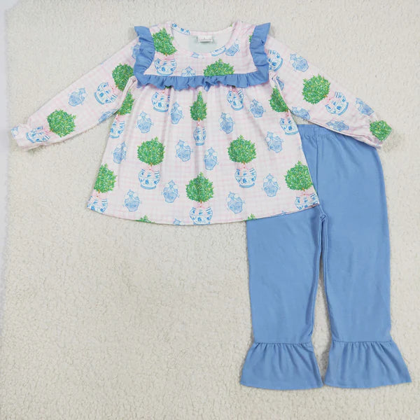 8.15 GLP2396 Baby Girls Pink Plaid Long Sleeves Plants Tunic Blue Ruffle Pant Set