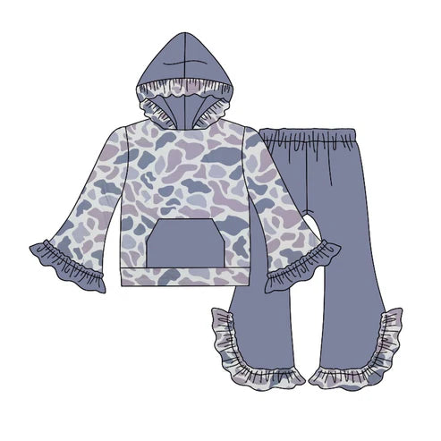 5.30 GLP2032 Baby Girls Grey Camo Hooded Top Bell Pants Clothes Sets Preorder