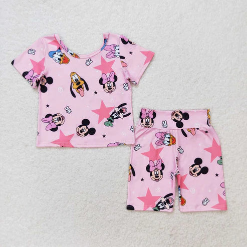 6.16 GSSO1279 Girls cartoon Mouse Duck purple short sleeve shorts set