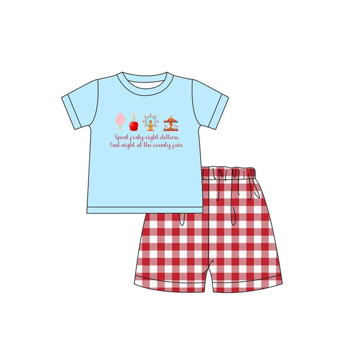 4.18 BSSO1482 Baby Boys Blue Short Sleeves Park Top Red Plaid Short Set Preorder