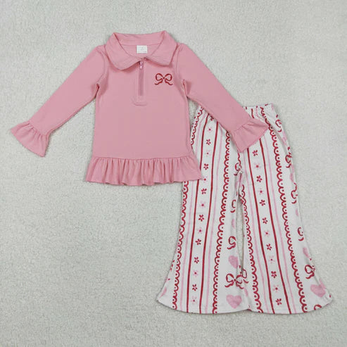 RTS NO MOQ(In Stock ) GT1270+P0894 Embroidery Bow Baby Girls Pink Zipper Pullovers Stripe Bell Bottom Pants Valentines Clothes Set-GLP2934