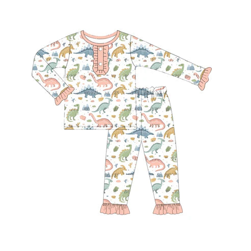 5.26 GLP1969 Baby Girls Pink Dinosaurs Ruffle Top Pants Pajamas Outfits Clothes Sets Preorder