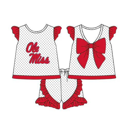 6.21 Custom Moq 3 Baby Girls Red Flutter Sleeves Polka Dots Ole Miss Top Ruffle Shorts Team Set