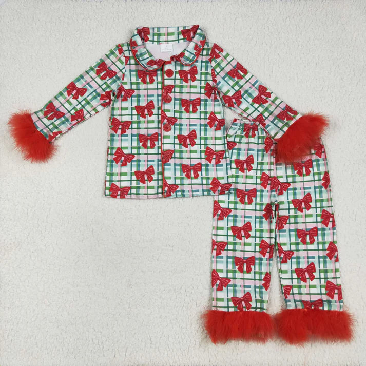8.15 GLP2372 Baby Girls Red Long Sleeves With Fur Bows Plaid Button Top Pants Pajamas Set