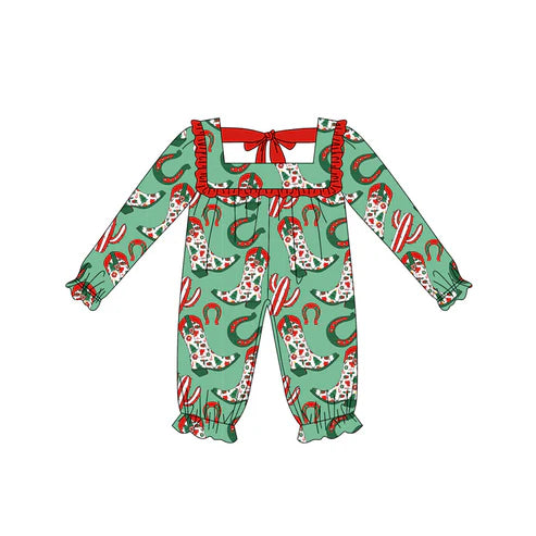 5.19 LR2222 Baby Girls Long Ruffle Sleeves Green Boots Cactus Pant Rompers Preorder