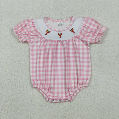 11.8 SR3256 Embroidery Baby Girls Pink Checked Mardigras Crayfishes Ruffle Romper