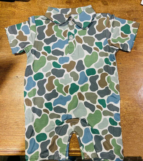 3.25 SR2980 Baby Infant Boys Short Sleeves Blue Camo Button Rompers Preorder