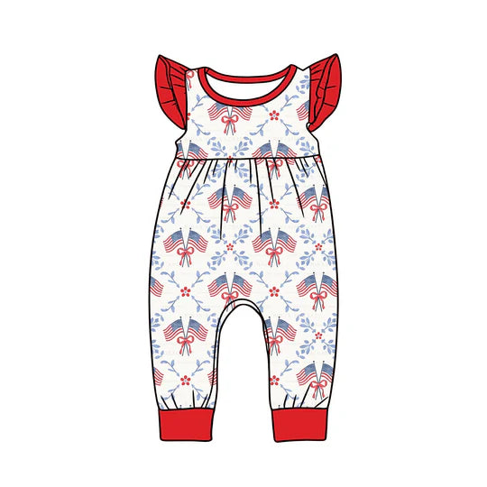 12.24 MOQ:5pcs SR3841 pre-order baby girl clothes flag print toddler girl summer romper
